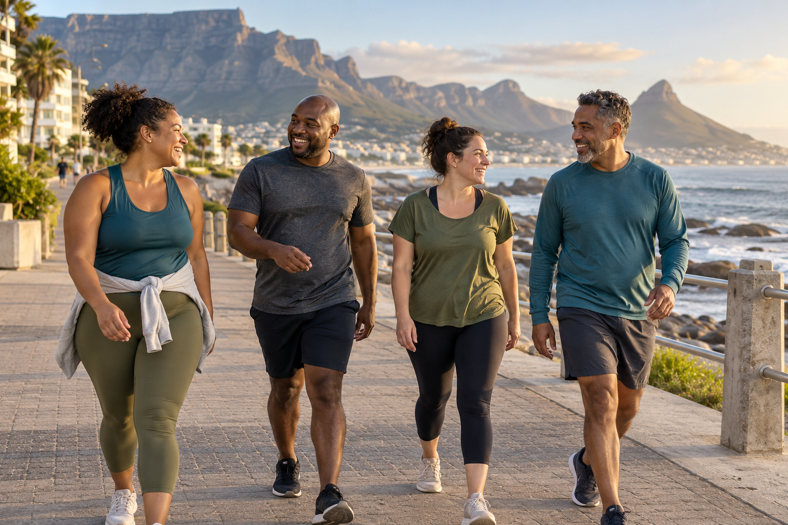 Illustration of four adult friends enjoying a walk beside the sea